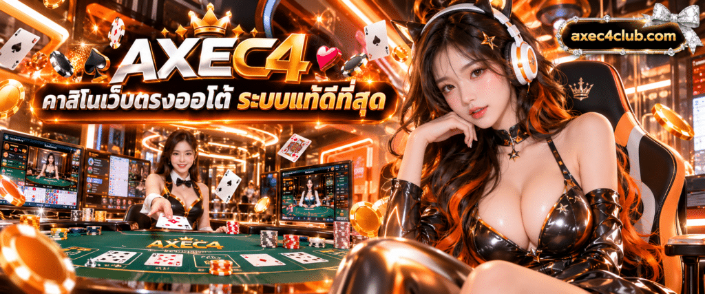 รูปดีลเลอร์แจกไพ่บนโต๊ะคาสิโนสดสีเขียว มีโลโก้แบรนด์ AXEC4 คาสิโนเว็บตรงออโต้
